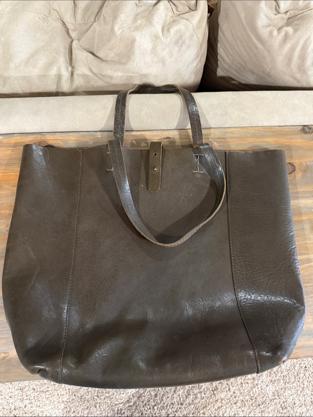 Lucky Brand Classic Large raw Leather Tote Bag in Dark Brown